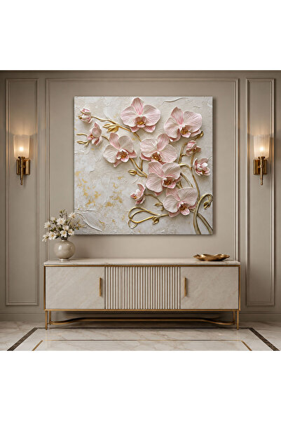 Voovart Gold Yapraklı Pembe Orkideler Dekoratif Çiçek Kanvas Tablo - VOOV3249