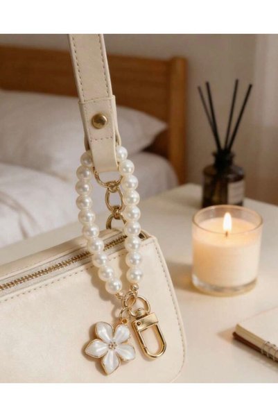 By Harmony Pearl Flower Gold Bag Charm and Keychain Charm