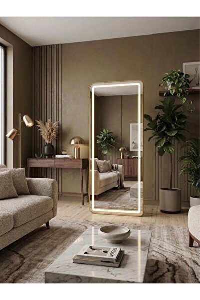 Alvina Aydınlatma GOLD METAL ÇERÇEVELİ LEDLİ DİMMERLİ KARE AYAKLI boy aynası