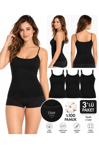 UN REAL Özten Women's Ribbed 100% Cotton Undershirt with String Straps, Pack ...