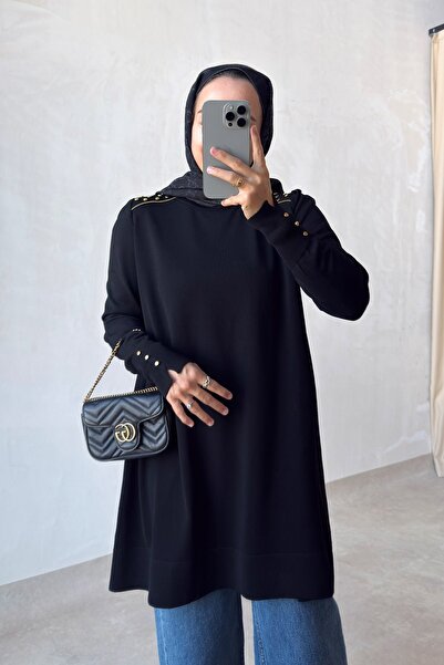 Ka Hijab Omuz Aksesuar Detaylı Merserize Tunik - Siyah