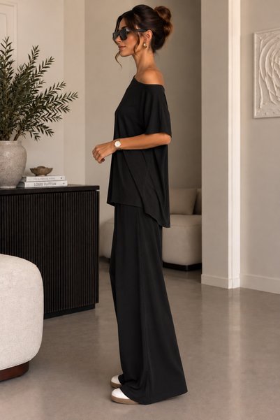 THIRTEEN SELECT Kayık Yaka Casual Two-Piece Set with Wide Legs and Comfortable Cut
