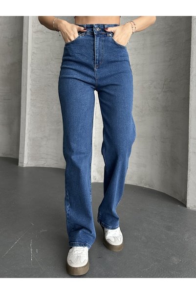 BİENAL BUTİK Women's Medium Dark Blue Lycra Super Extra High Waist Palazzo Loose Jean Trousers (Wide Leg)