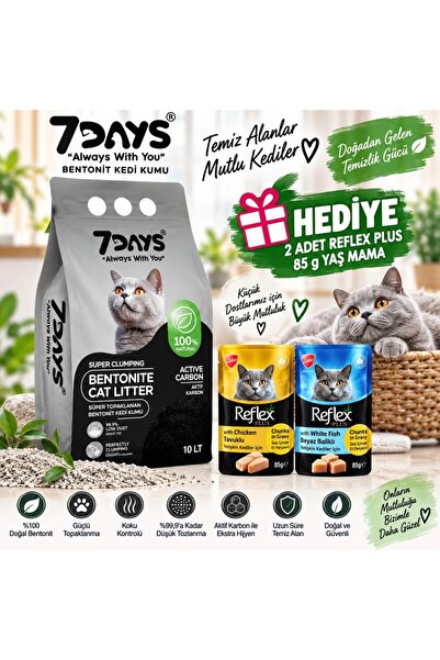 7days Aktif Karbonlu Bentonit Topaklanan Kedi Kumu 10 L + 2 Adet Reflex Plus ...