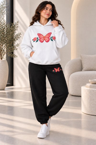 Rubonia Women's Butterfly Flower Printed Hooded 2-Piece Tracksuit Set Oversiz...