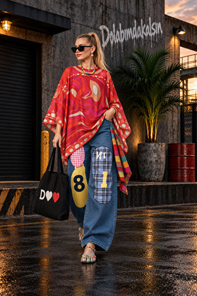 dolabımdakalsın Kadın kırmızı etnik desenli oversize bluz DKHF045