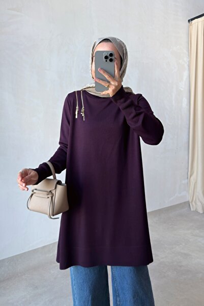 Ka Hijab Omuz Fermuarlı Merserize Tunik - Mürdüm