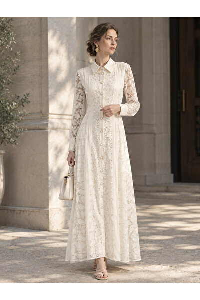 Greneric Women's Sophisticated Lace Long Dress – Embroidered Design with Stan...