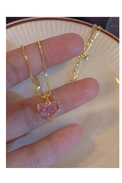 zerzembe Pink Heart Pendant Gold Chain Necklace |   Korean Designer Jewelry