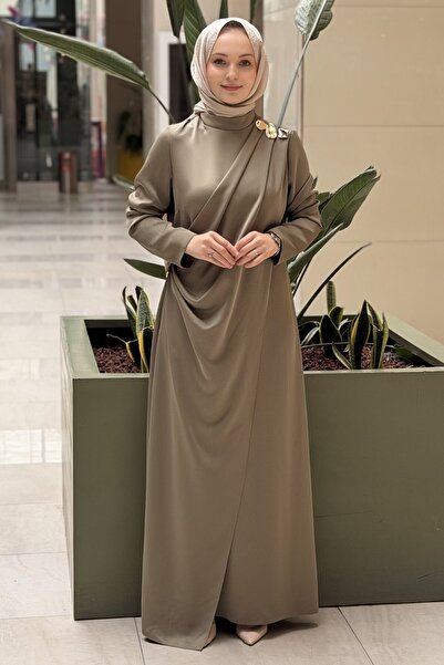 Matex Satin Evening Dress with Brooches on the Shoulder and Waist