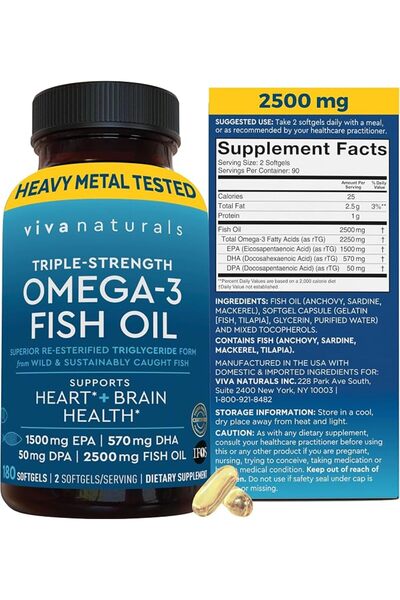Viva Naturals Omega 3 Fish Oil Supplement for Women and Men - 2500 mg Triple ...