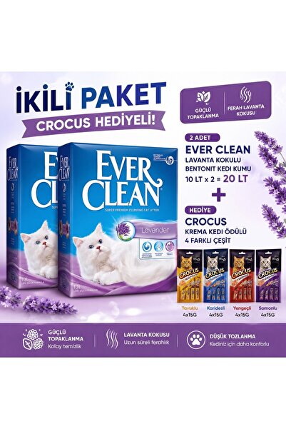 Ever Clean Lavender Lavanta Kokulu Topaklanan Kedi Kumu 10 Lt x 2 + Crocus Kr...