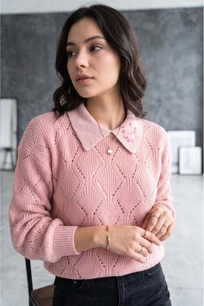 SAYZEN YOUR SHİNE guler de cămașă brodat, pulover de damă din tricot Selanik