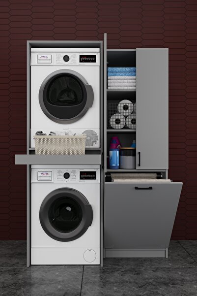 asratrend Çamaşır Makinesi Banyo Dolabı Takımı Sepetli %100 MDF Çekmeceli Çok...
