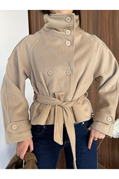 LB Laluna Butik Kadın Kuşaklı Cepli Dik Yaka Kaşe Trençkot