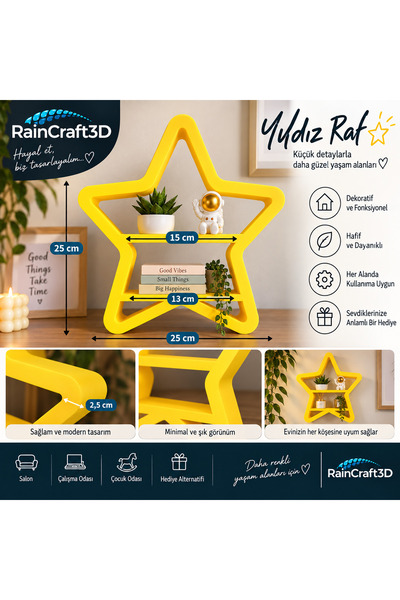 Genel Markalar 3D Yıldız Dekoratif Raf – 2 Katlı Masaüstü & Duvar Dekoru