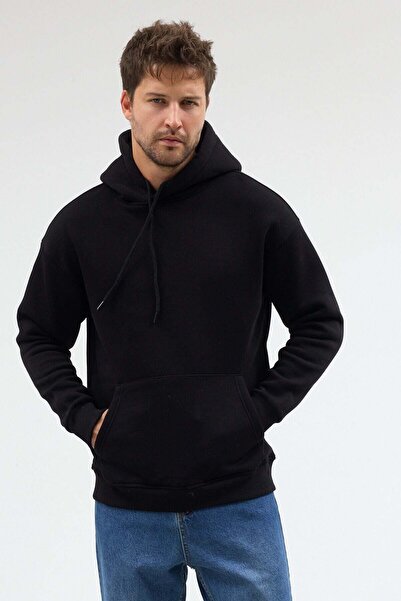 Siyah Kanguru Cepli Kapüşonlu Sweatshirt