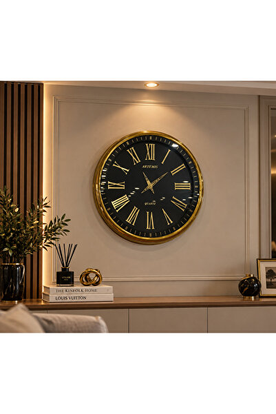 RUHAT METAL PARDİ Gold Çerçeveli Siyah Duvar Saati – 60 cm