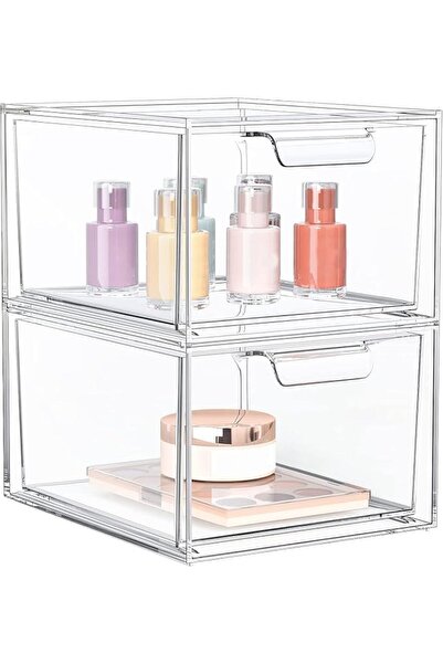 GENERAL SupWolf Pack of 2 Stackable Makeup Organizer Drawers Clear Plastic Ba...