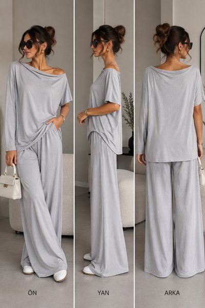 THIRTEEN SELECT Kayık Yaka Casual Two-Piece Set with Wide Legs and Comfortable Cut
