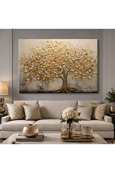 Voovart Gold Yapraklı Beyaz Çiçekli Ağaç Kanvas Tablo - VOOV3297
