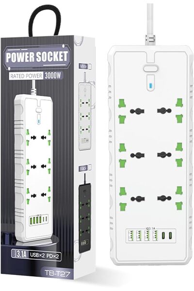 Maykela سلك تمديد كهربائي بـ 6 منافذ و6 فتحات USB، كابل بطول 5 أمتار، شريط طا...