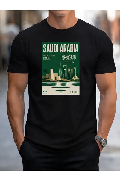 Wonder of U تي شيرت رجالي قطني برقبة دائرية بتصميم علم السعودية العتيق