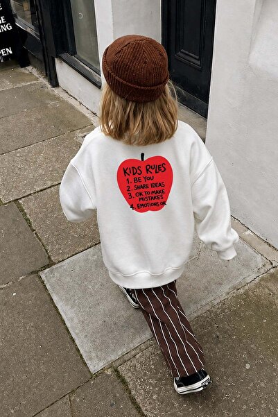 Monila Unisex Çocuk Sırtı Elma Baskılı 3 İplik Kumaş Pamuklu Sweatshirt