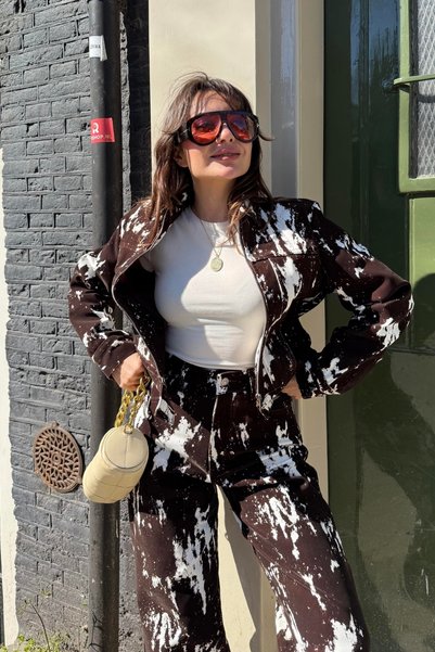 SHILSEE BEUTİQUE Tie-Dye Patterned Velvet Denim Jacket and Pants Set