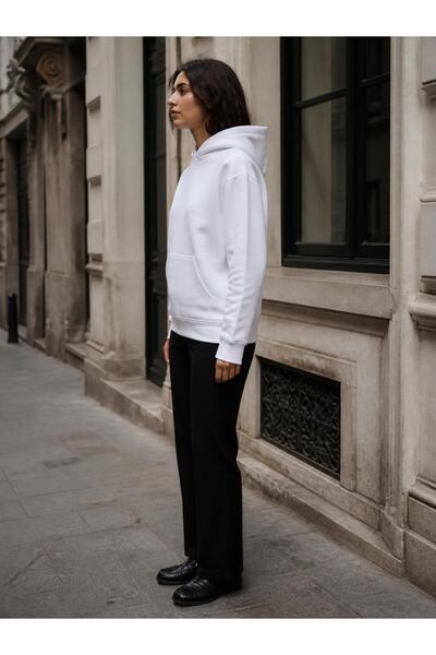 harmony factory Unisex Düz Oversize Kapüşonlu Sweatshirt 3 İplik Şardonlu Beyaz