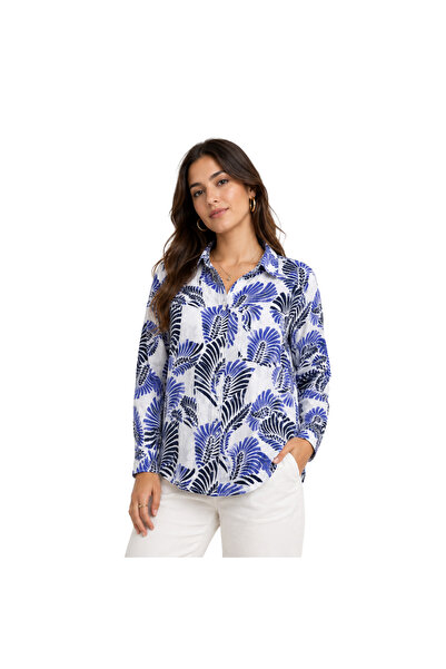 doneel Women’s Blue Tropical Leaf Print Long-Sleeve Button-Up Shirt – Free Size