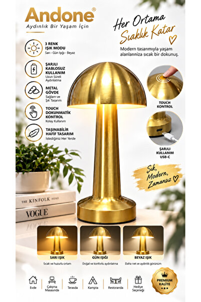 Andone Gold Metal Şarjlı Dokunmatik Üç Renkli Mantar Masa Lambası