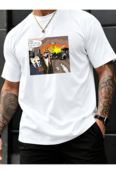 Wonder of U Dark Political Cartoon with Ruins and Aircraft Men's Cotton Crew ...