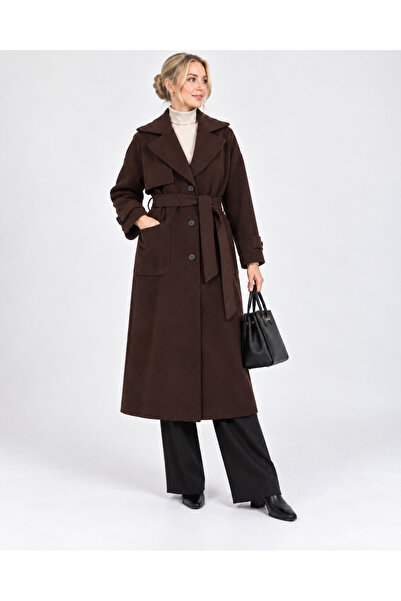AYHAN Oversized Fit Swallow Collar Lined Coat with Pocket on the Side and Bac...