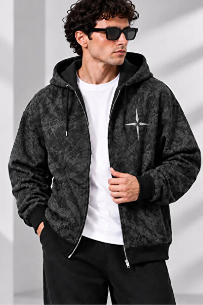 Unisex Desenli Fermuarlı Kapüşonlu Sweatshirt Ceket Cepli Rahat Kalıp Günlük