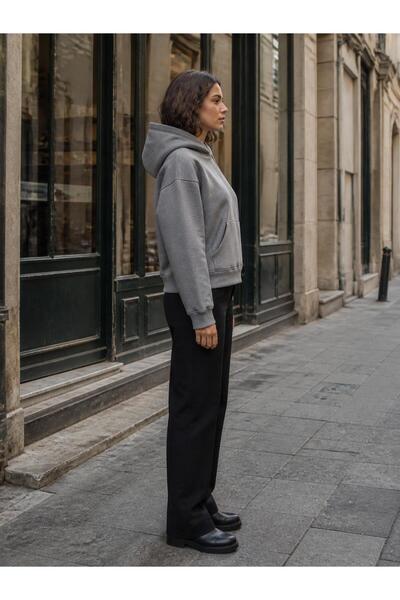 harmony factory Unisex Düz Oversize Kapüşonlu Sweatshirt 3 İplik Şardonlu Gri