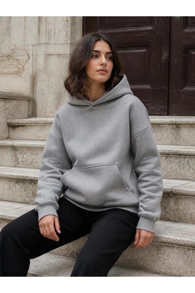 harmony factory Unisex Düz Oversize Kapüşonlu Sweatshirt 3 İplik Şardonlu Gri