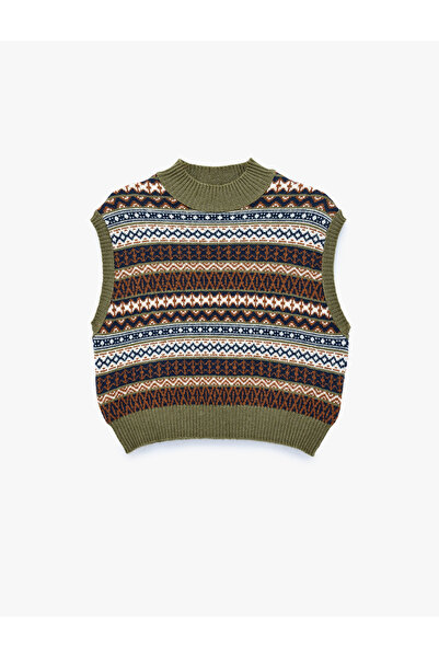 Koton Geometric Patterned Ribbed Sleeveless High Neck Knit Sweater