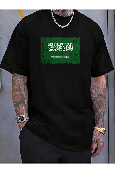 Wonder of U Distressed Saudi Flag Graphic Men's Cotton Crew Neck T-Shirt