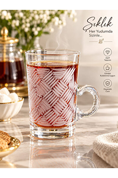 Retro Kristal Desen Kulplu 6'lı Çay Bardağı Seti