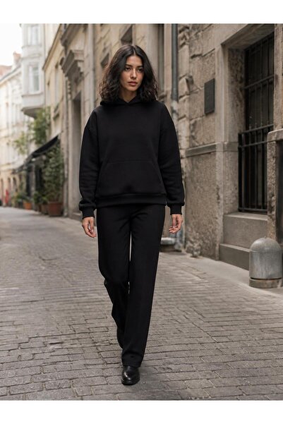 harmony factory Unisex Düz Oversize Kapüşonlu Sweatshirt 3 İplik Şardonlu Siyah
