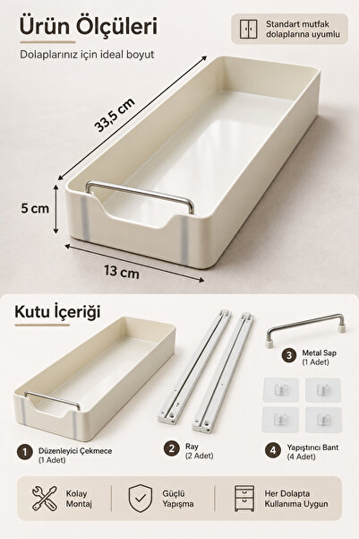 Poomy 3'lü Set Raylı Dolap İçi Düzenleyici Çekmece Sürgülü Tezgah Altı Mutfak Banyo Organizer Yapışkanlı 33.5x13 cm