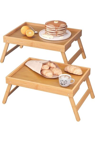 XICEN 2 Pack Bamboo Bed Tray Table with Folding Legs, Breakfast Trays, Servin...