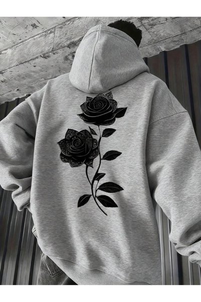 MITHRAS OUTDOORS Unisex Gray Black Rose Back Print Hooded Sweatshirt Printed ...