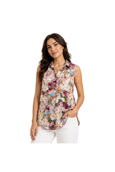 doneel Women’s beige Floral Print Sleeveless Button-Up Blouse – Free Size