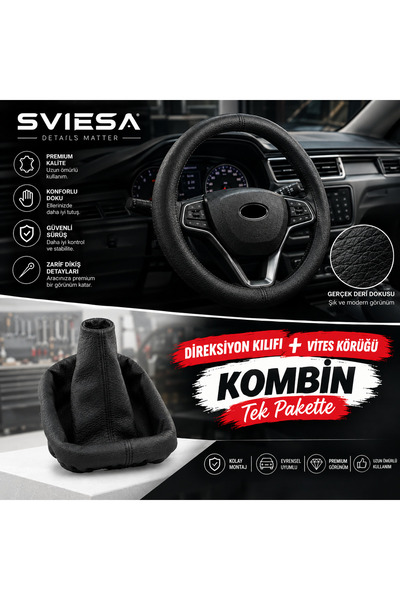Dikme Direksiyon Kılıfı ve Vites Körüğü Kombin Set Siyah Deri Görünümlü