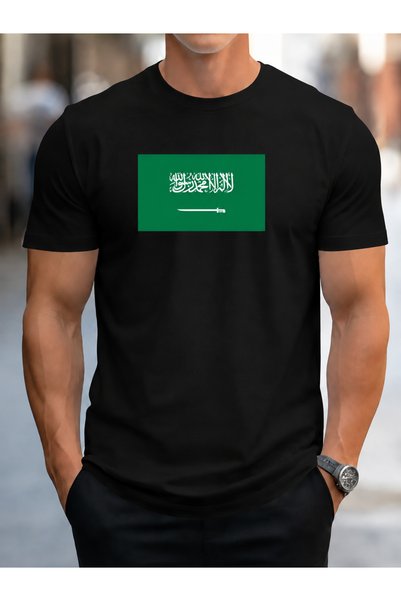Wonder of U تي شيرت رجالي قطني برقبة دائرية مزين برسومات العلم السعودي والسيف