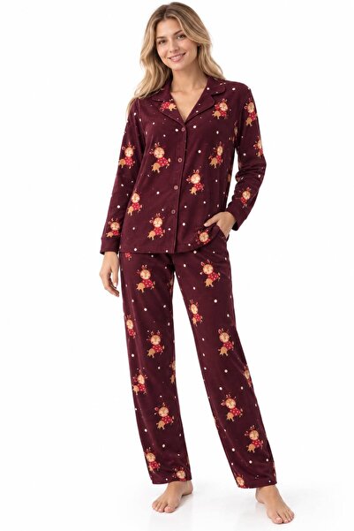 RAPAPA Women's Deer Patterned Buttoned Full Sleeve Pajama Set 6701-8
