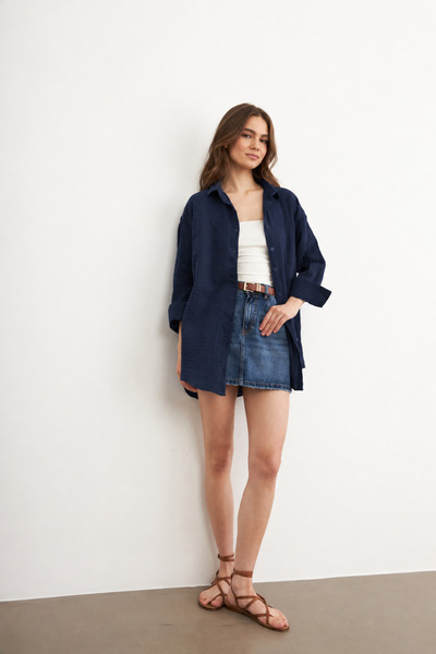 Bipantolon Women's Dark Navy Blue Oversize Basic Muslin Shirt