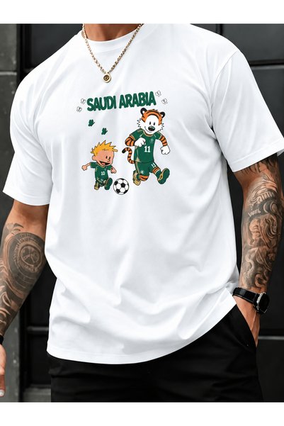 Wonder of U Comic Boy and Tiger Saudi Soccer Duo Men's Cotton Crew Neck T-Shirt